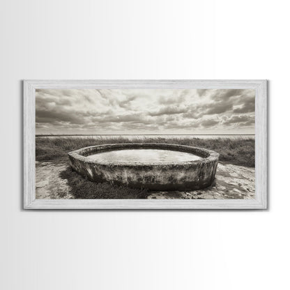 Water Trough, Overcast Skies, Ocean Breeze, Framed Canvas Print, Country Rustic Wall Art, Sepia Toned Fall Decor, Entryway Or Den Art