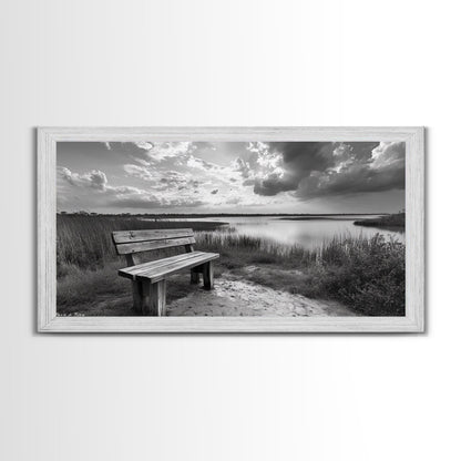 Lakeside Bench, Calm Waters, Sunset View, Canvas Print, Tranquil Nature Photography, Living Room Wall Art, Serene Outdoor Fall Landscape