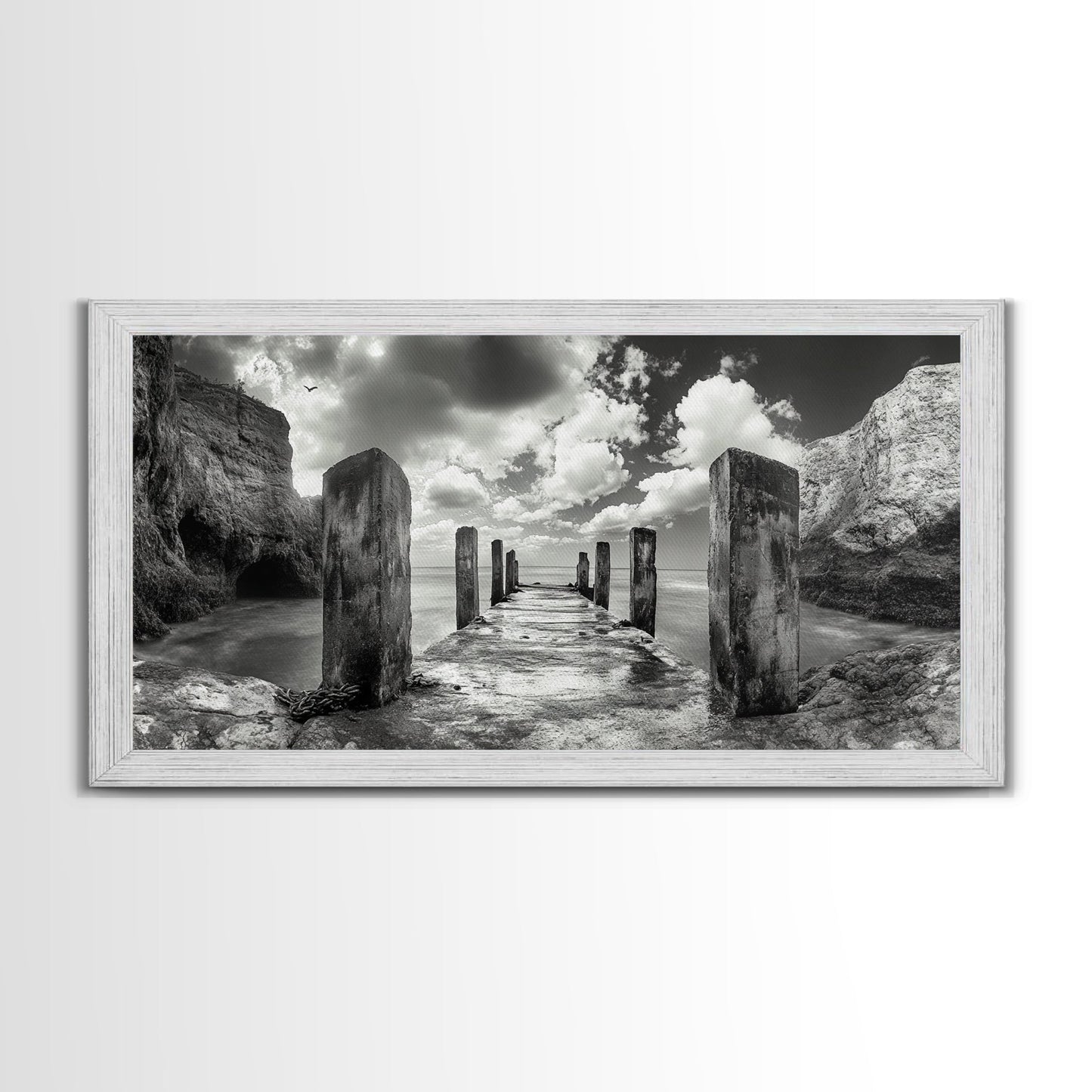 Ocean Pier, Seaside Dock, Crashing Waves, Canvas Print, Dramatic Coastal Wall Art, Black And White Decor, Bathroom Or Hallway Photography