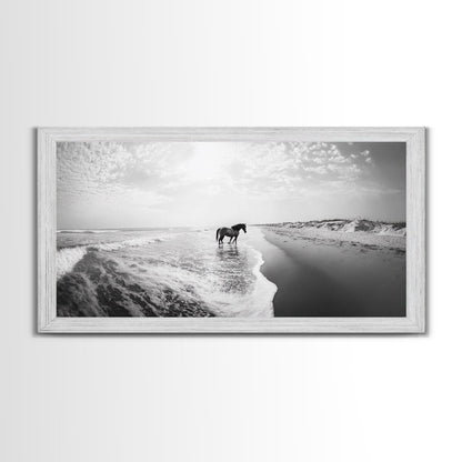 Wild Horse Beach, Coastal Nature Art, Minimalist Animal Photography, Serene Landscape, Neutral Bedroom Decor, Framed Canvas Print