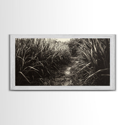 Grasbewachsener Pfad, Naturmotiv, Rustikale Landschaft, Naturnahe Wohndekoration, Herbstliche Flurkunst, Gerahmter Leinwanddruck