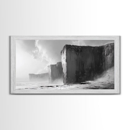 Ocean Cliffs, Towering Rock, Misty Coast, Rugged Seascape, Canvas Print, Moody Wall Art, Office Decor, Dramatic Landscape, Office Decor
