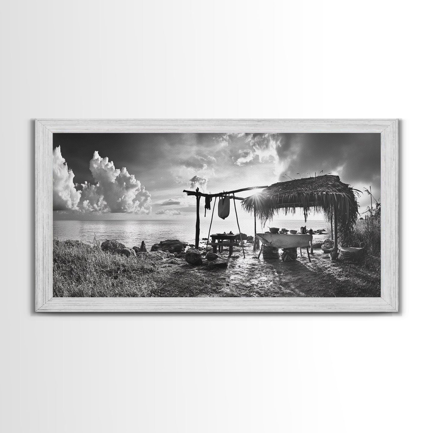 Beach Shack, Driftwood Table, Seaside Shelter, Sun Rays, Canvas Print, Rustic Coastal Art, Boho Decor, Dining Room Wall Art, Cabin Wall Art