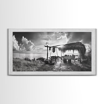 Beach Shack, Driftwood Table, Seaside Shelter, Sun Rays, Canvas Print, Rustic Coastal Art, Boho Decor, Dining Room Wall Art, Cabin Wall Art