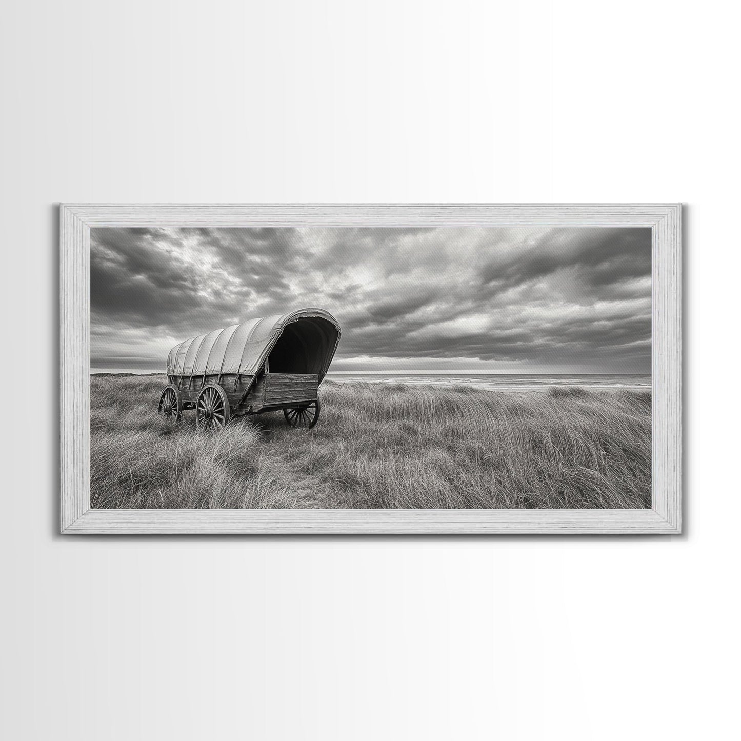 Prairie Wagon, Coastal Grass, Covered Cart, Western Landscape, Framed Canvas Print, Rustic Fall Art, Living Room Wall Decor