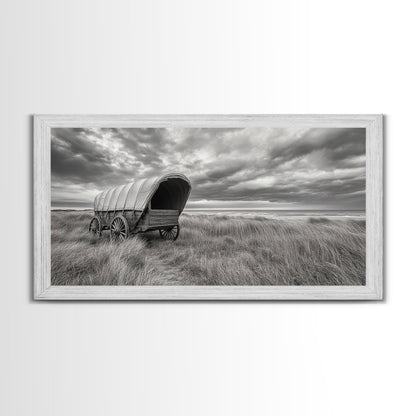 Prairie Wagon, Coastal Grass, Covered Cart, Western Landscape, Framed Canvas Print, Rustic Fall Art, Living Room Wall Decor