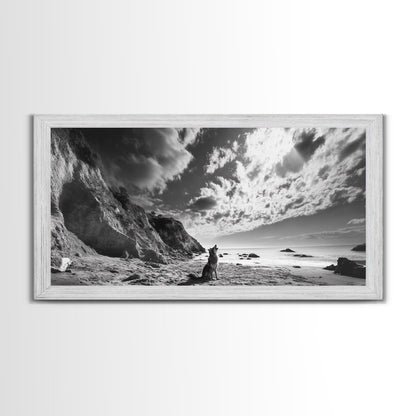 Howling Dog, Seaside Cliffs, Cloudy Sky, Wild Beach, Canvas Print, Nature Animal Art, Rustic Fall Wall Decor, Entryway Accent, Bedroom Wall Art