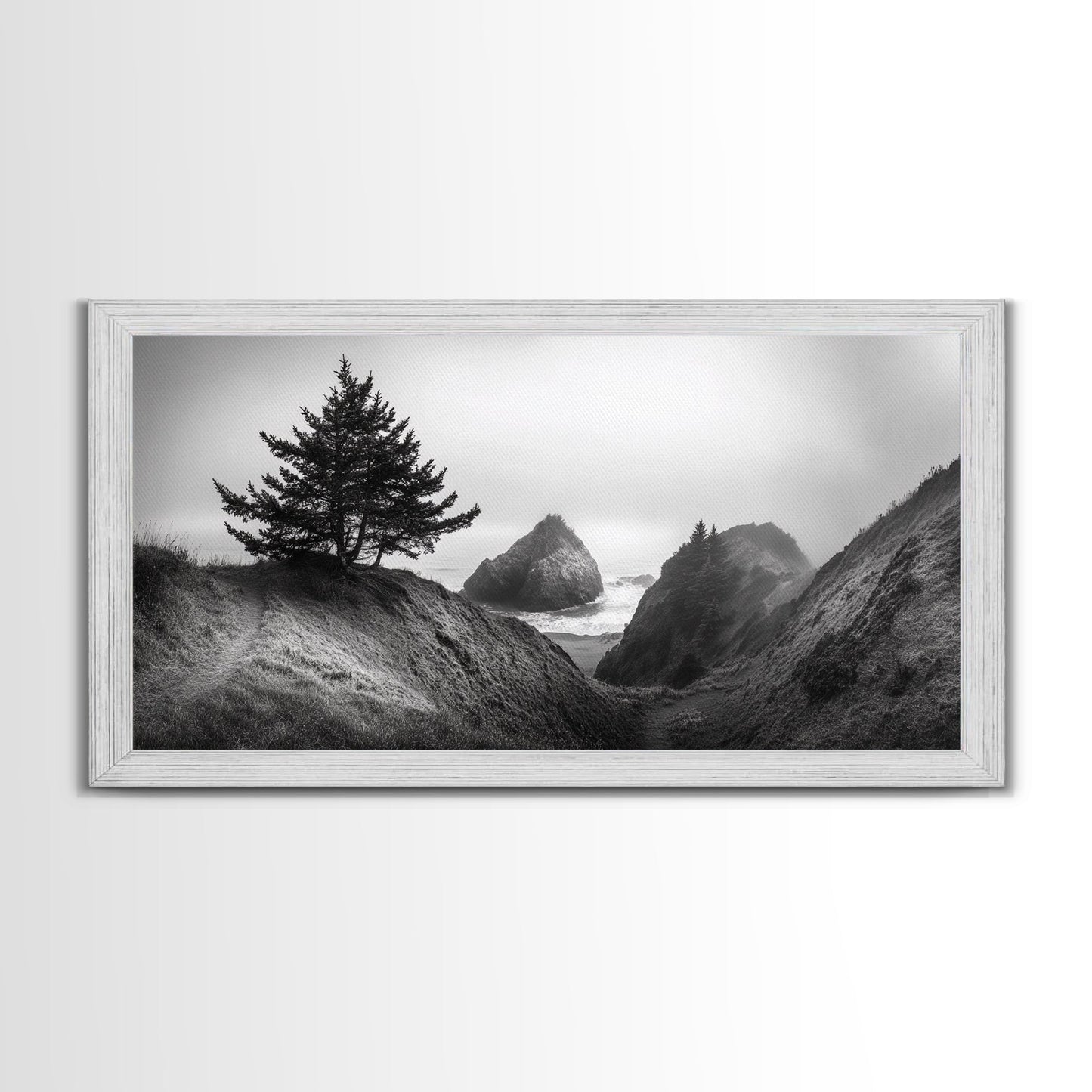 Coastal Cliff Scene, Evergreen Ocean Landscape, Pacific Northwest View, Framed Canvas Print, Nature Inspired Wall Art, Minimalist Decor