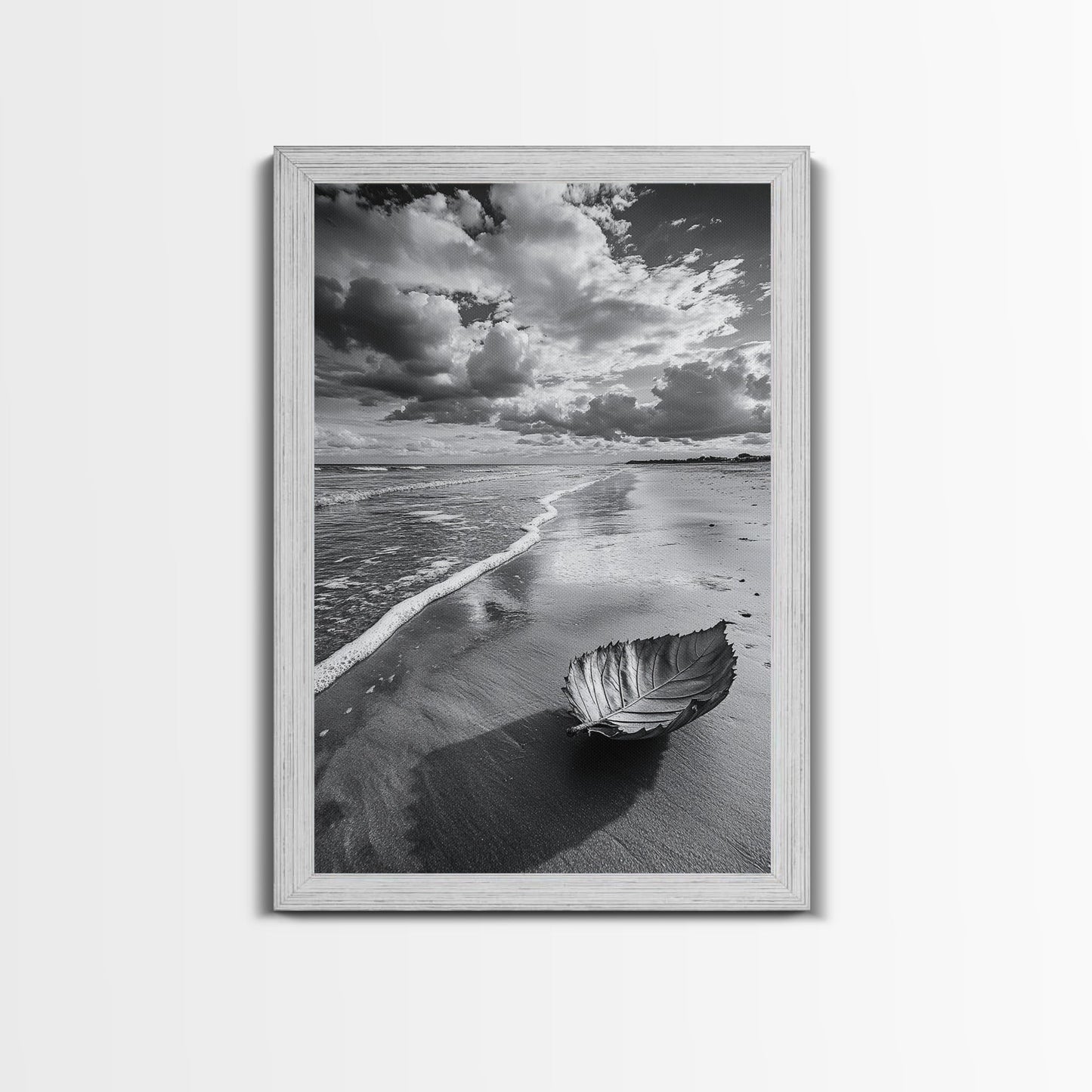 Autumn Beach Leaf, Drift Shore, Moody Cloudscape, Black and White Fall Art, Framed Canvas Print, Seasonal Wall Decor, Rustic Autumn Style