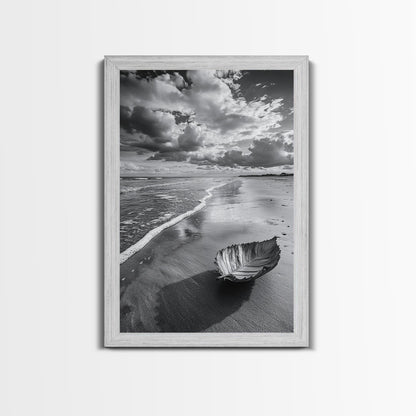 Autumn Beach Leaf, Drift Shore, Moody Cloudscape, Black and White Fall Art, Framed Canvas Print, Seasonal Wall Decor, Rustic Autumn Style