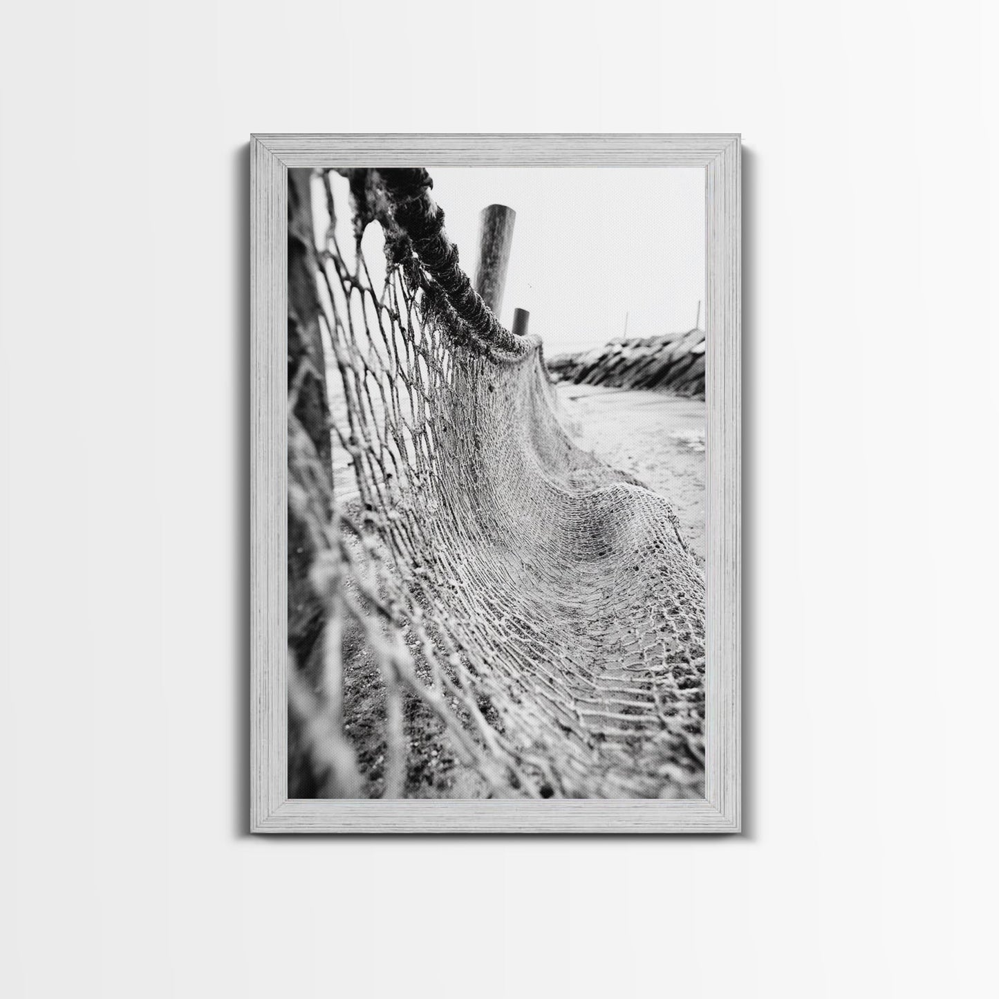 Coastal Net, Beach Texture, Nautical Vibe, Ocean Fence, Framed Canvas Print, Bathroom Wall Art, Coastal Cottage Style, Monochrome Beach Art