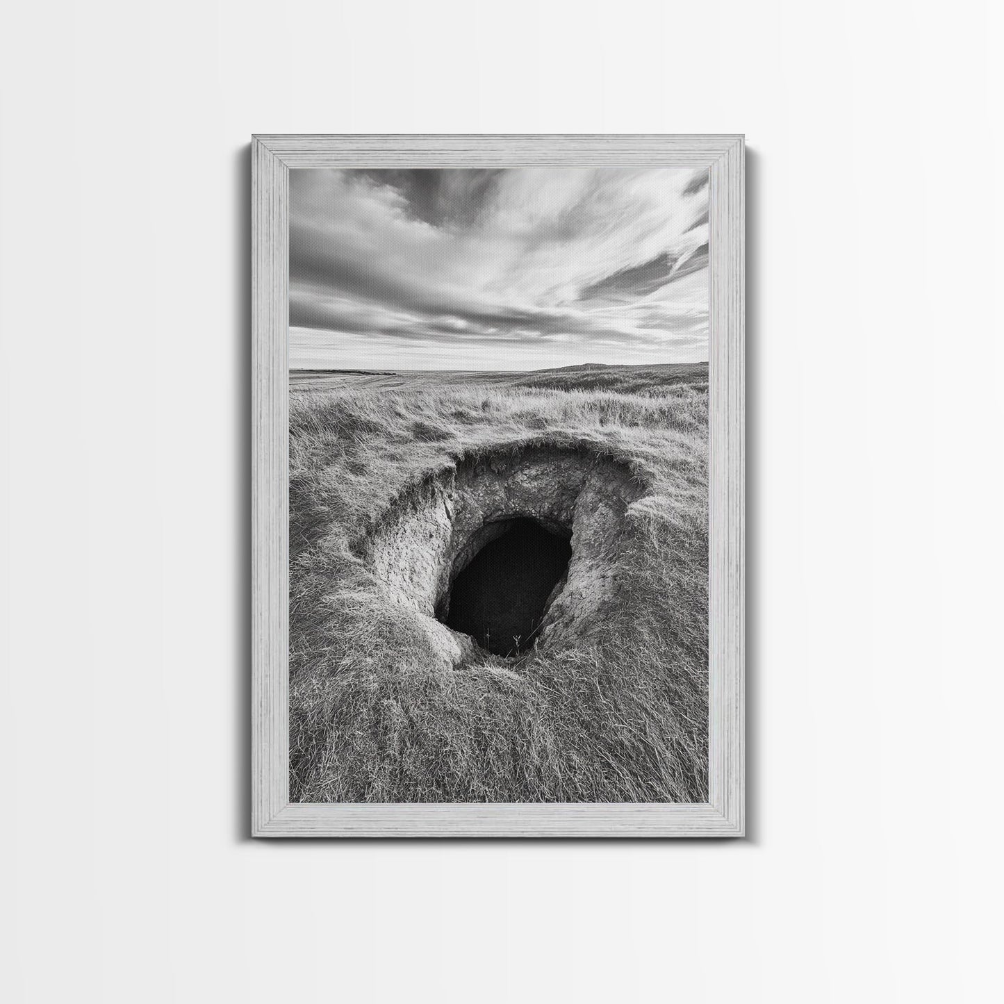 Burrow Entrance, Hidden Hole, Grassland Tunnel, Canvas Print, Nature Wall Art, Living Room Decor, Black White Landscape Photography