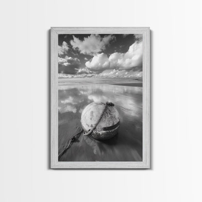 Washed buoy shore, coastal solitude, beach reflections, nautical simplicity, Framed Canvas Print, guest room art, seaside rustic wall decor