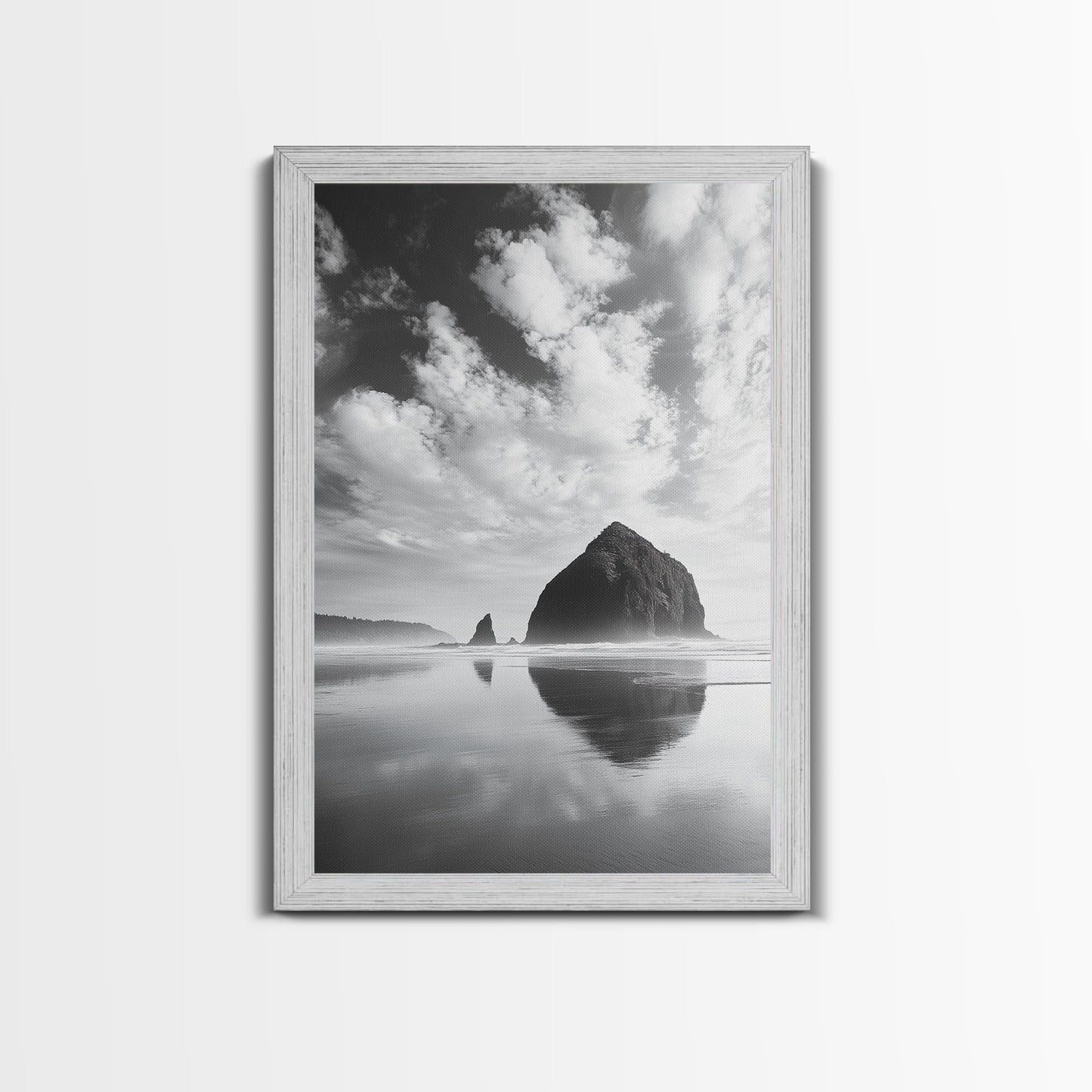 Iconic sea stack, Oregon coast art, tranquil reflections, dramatic clouds, Canvas Print, bedroom wall art, modern coastal minimalist decor