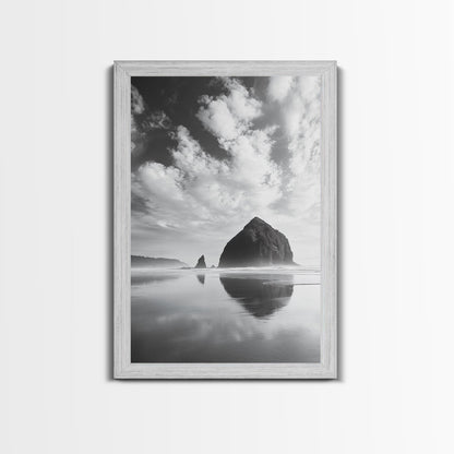 Iconic sea stack, Oregon coast art, tranquil reflections, dramatic clouds, Canvas Print, bedroom wall art, modern coastal minimalist decor