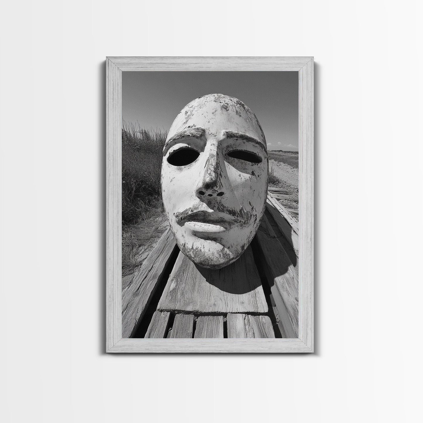 Weathered Mask, Coastal Surreal, Driftwood Dream, Canvas Print, Abstract Wall Art, Rustic Home Decor, Boho Artistic Style