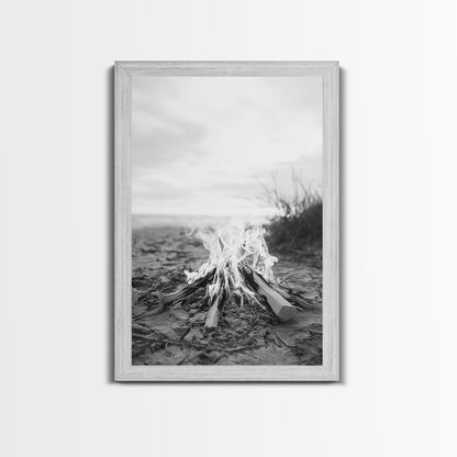 Campfire, Beach, Smoke, Glow - Cozy outdoor scene with flickering flame, Canvas Print, perfect rustic cabin or camping decor, Autumn Wall Art