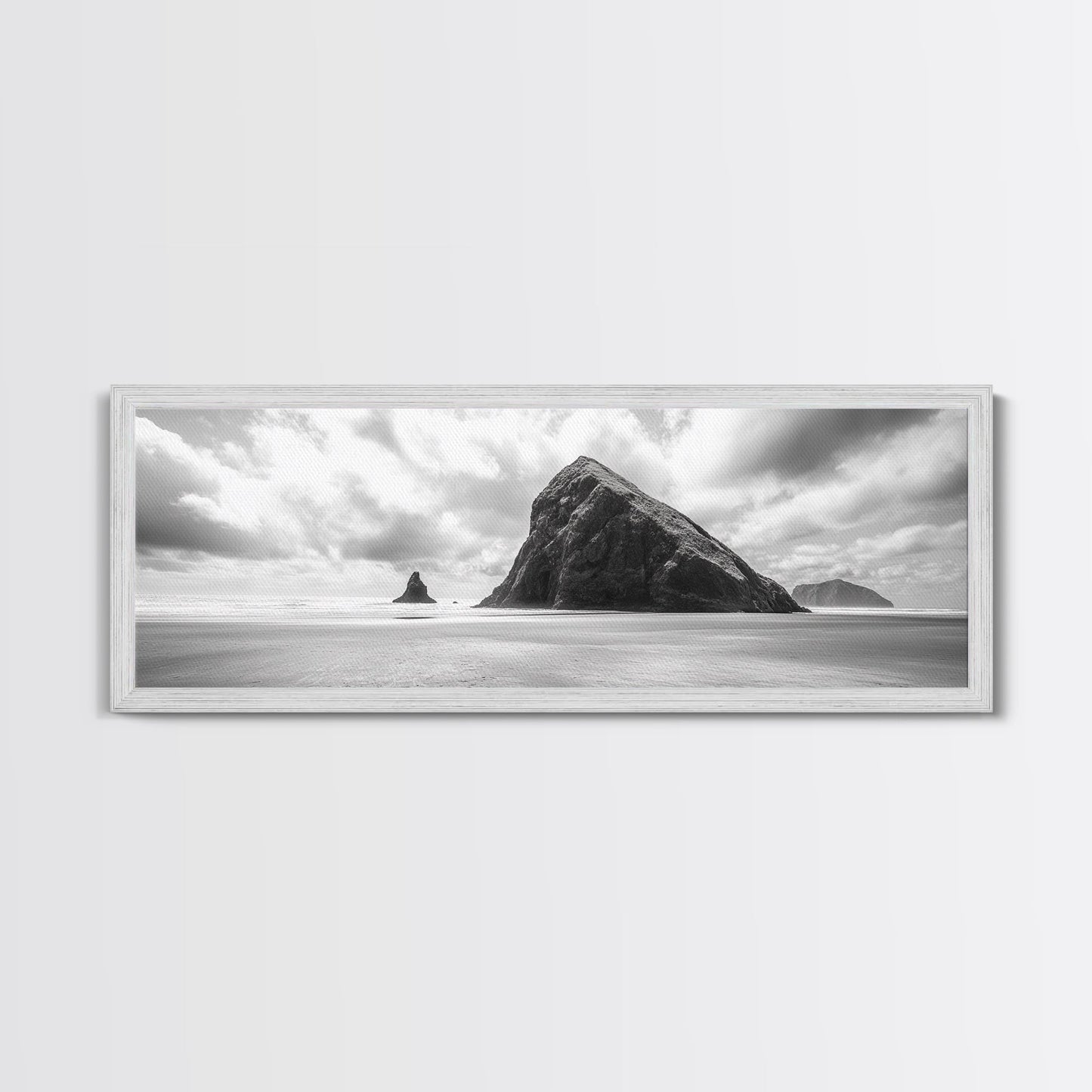Sea Stack, Beach Horizon, Dramatic Sky, Monochrome Seascape, Framed Canvas Print, Coastal Wall Art, Modern Minimalist Entryway Decor