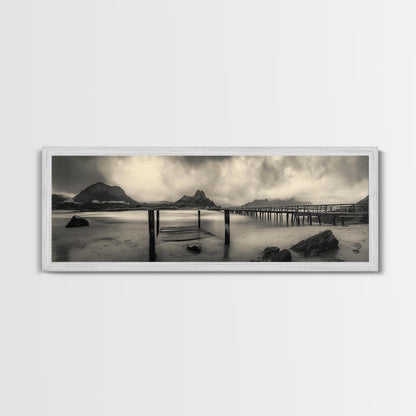 Dockside Calm, Stormy Shore, Ocean Jetty, Framed Canvas Print, Moody Coastal Wall Art, Living Room Art, Rustic Lakehouse Decor