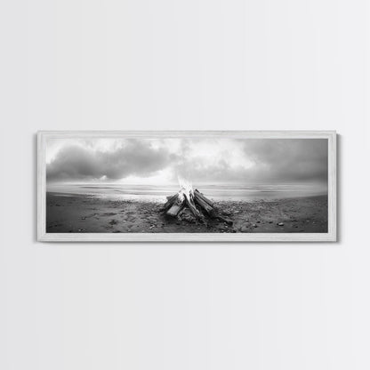 Beach Bonfire, Coastal Glow, Driftwood Fire, Ocean Calm, Framed Canvas Print, Fall Wall Art, Living Room Decor, Nature Photography Style