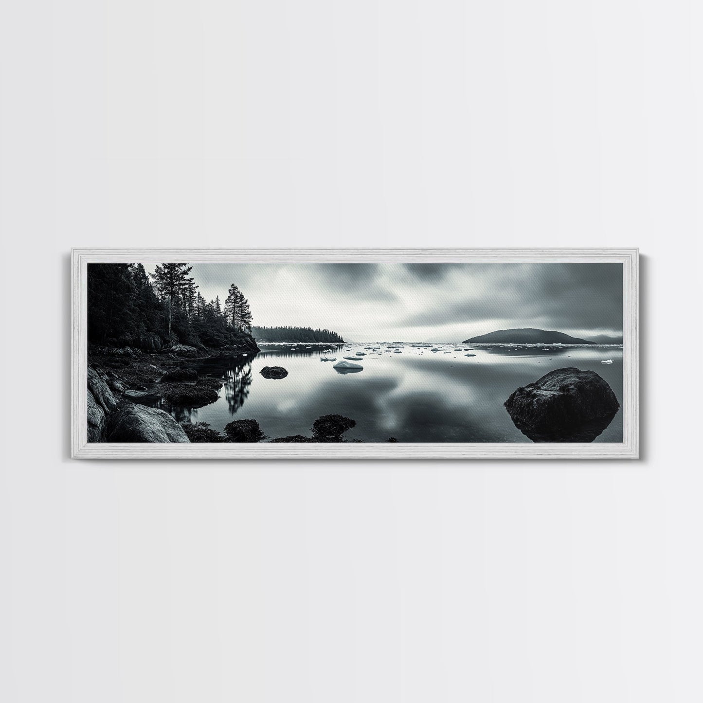 Arctic Shore, Ice Reflections, Northern Coastline, Framed Canvas Print, Moody ocean art, Coastal decor, Living room wall art, Monochrome nature
