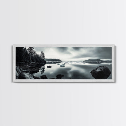 Arctic Shore, Ice Reflections, Northern Coastline, Framed Canvas Print, Moody ocean art, Coastal decor, Living room wall art, Monochrome nature