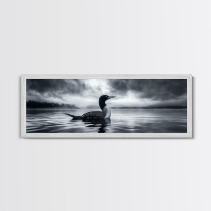 Northern Loon, Water Calm, Moody Wildlife, Canvas Print, Nature Wall Decor, Black and White Animal Art, Lakehouse Wall Art