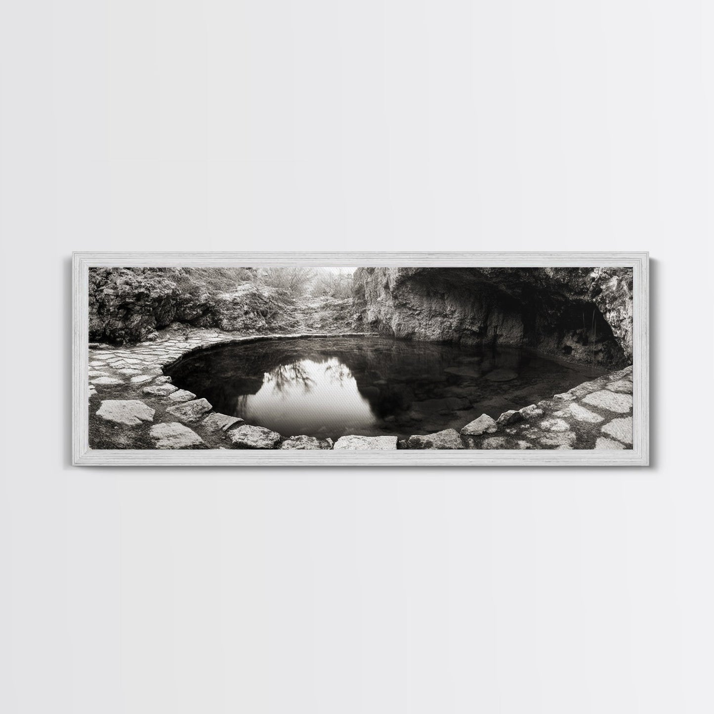 Steinbecken, Stille Spiegelung, Naturfotografie, Zen-Atmosphäre, Gerahmter Leinwanddruck, Wandbild fürs Badezimmer, Rustikale Dekoration, Ruhige Wohnatmosphäre