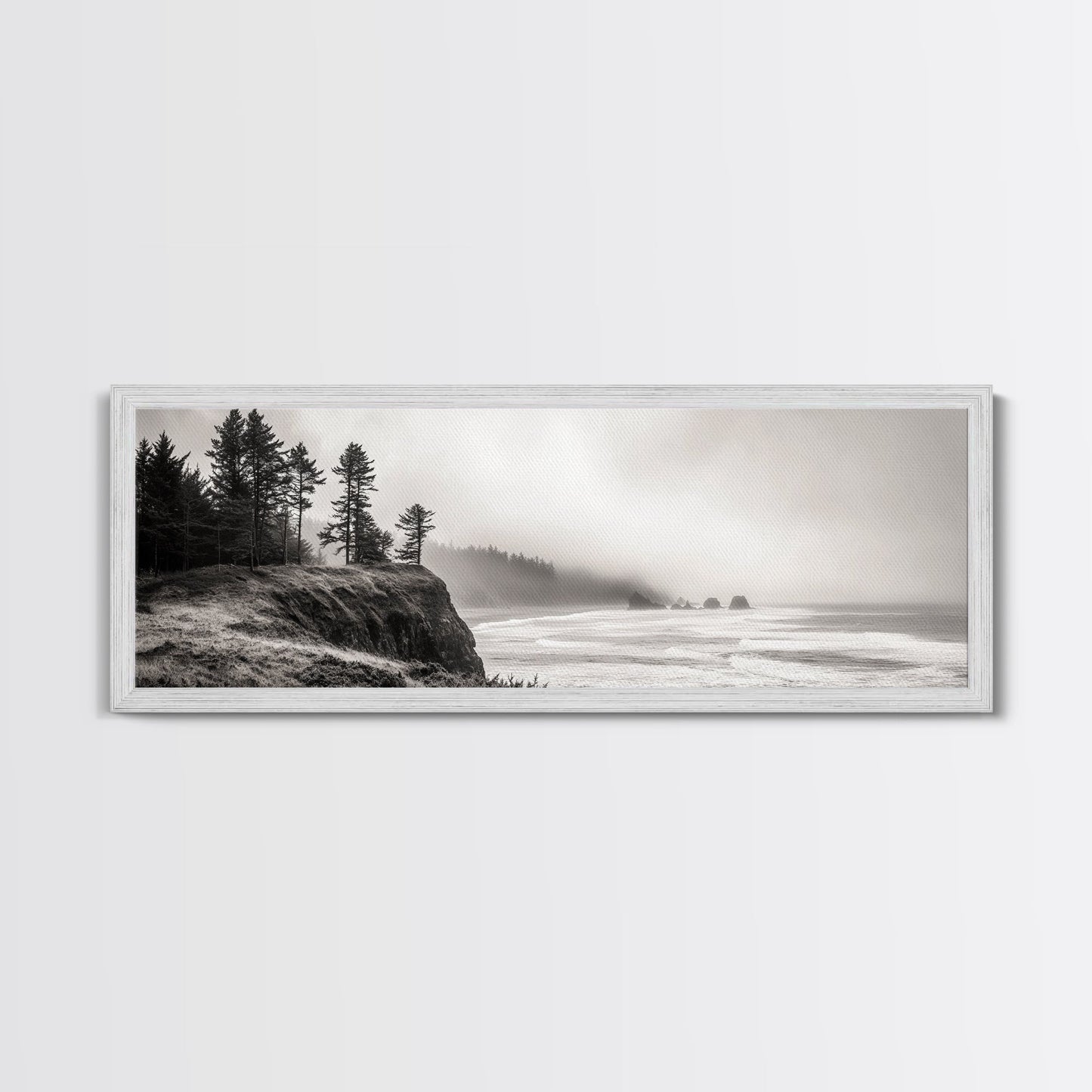 Foggy Pines, Ocean Horizon, Coastal Landscape, Moody Beach Scene, Canvas Print, Bedroom Wall Art, Rustic Cabin Decor, Nature Photography