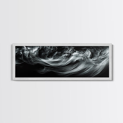 Abstract Ocean Waves, Motion Energy Art, Black and White Fluid Lines, Framed Canvas Print, Modern Wall Art, Minimalist Living Room