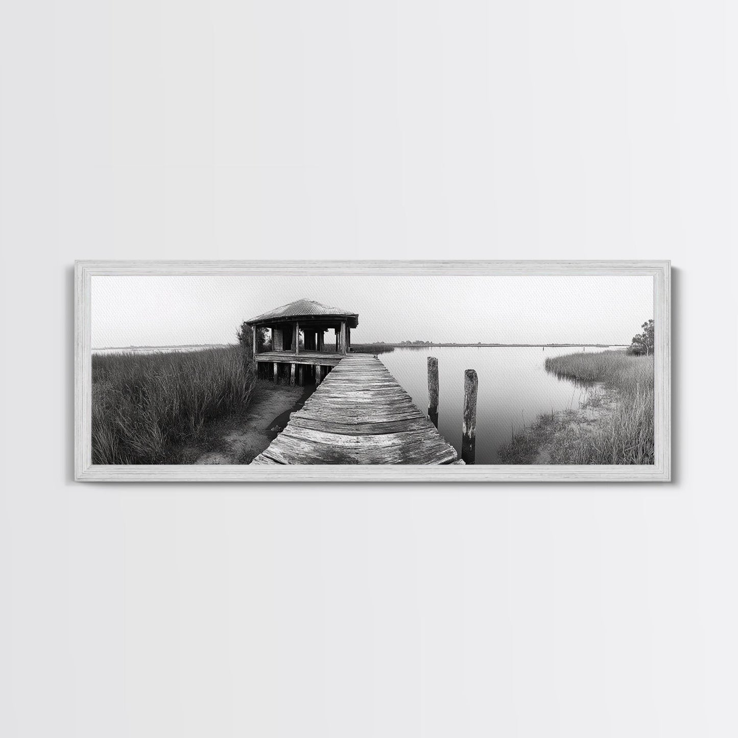 Abandoned Pier, Lakeside Shack, Black and White Marsh, Framed Canvas Print, Rustic Entryway Art, Minimalist Coastal Cabin Decor