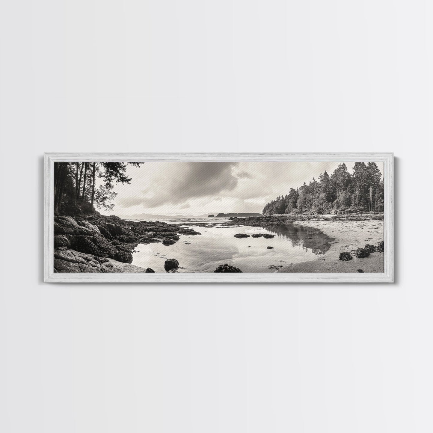Tidal Pools, Coastal Calm, Forest Edge, Framed Canvas Print, Tranquil Bathroom Art, Pacific Northwest Decor, Nature Inspired Style