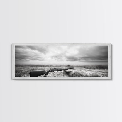 Coastal Rifle Scene, Outdoorsman Decor, Field and Sky Black and White Framed Canvas Print, Autumn Cabin or Lodge Wall Art