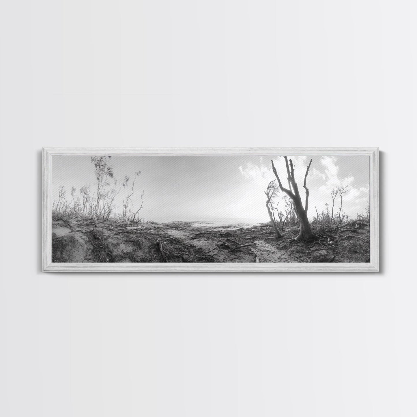 Windswept Coastal Trees, Driftwood Beach Landscape, Black White Canvas Print, Autumn Wall Art, Nature-Inspired Living Room Decor