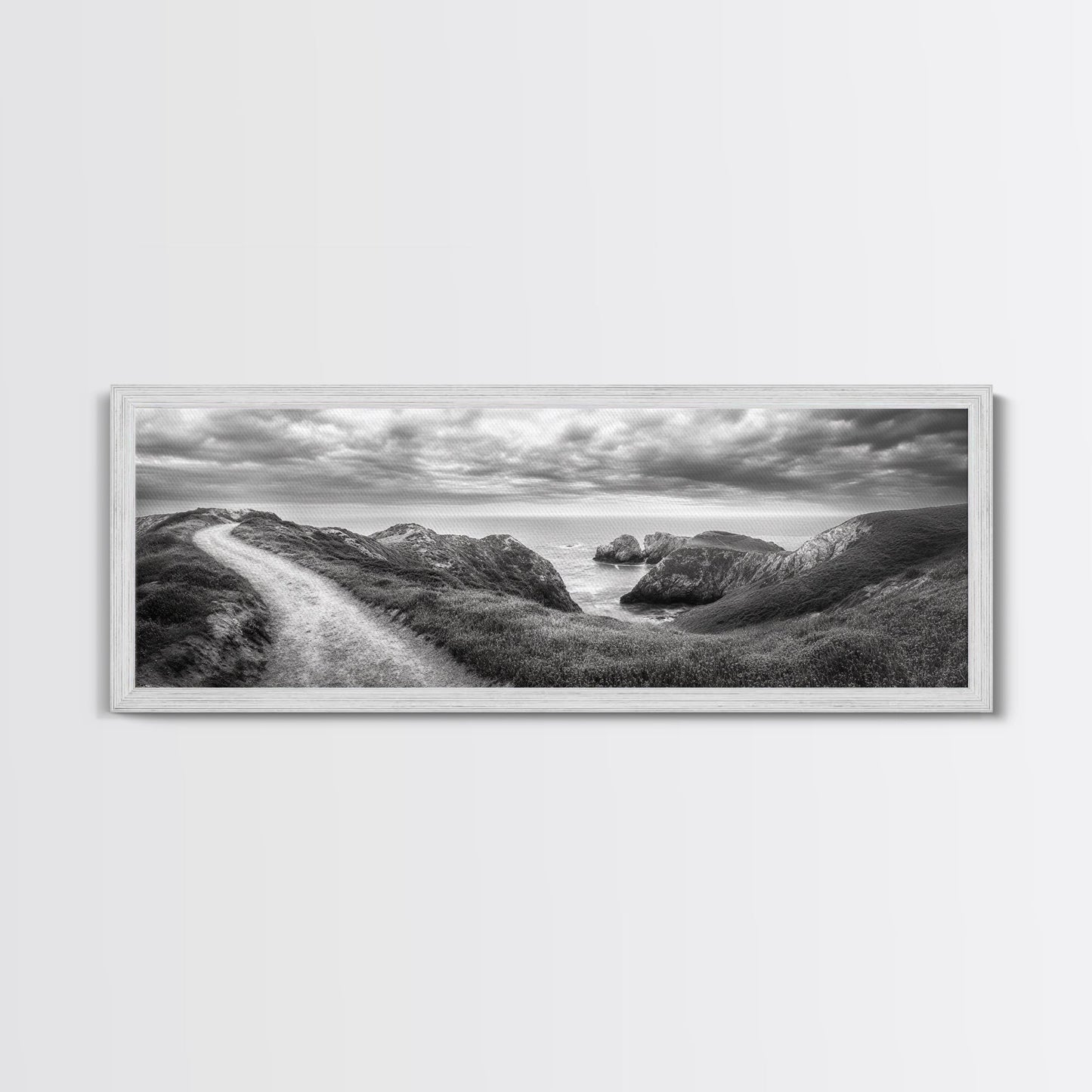 Cliff Path, Sea Escape, Moody Sky, Adventure Trail, Canvas Print, Modern Entryway Wall Art, Travel Photography, Nature Scene