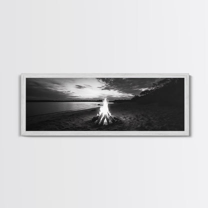 Beach Bonfire, Sunset Glow, Autumn Shoreline, Firelight Sky, Canvas Print, Fall beach decor, cozy wall art, rustic art, lake house style