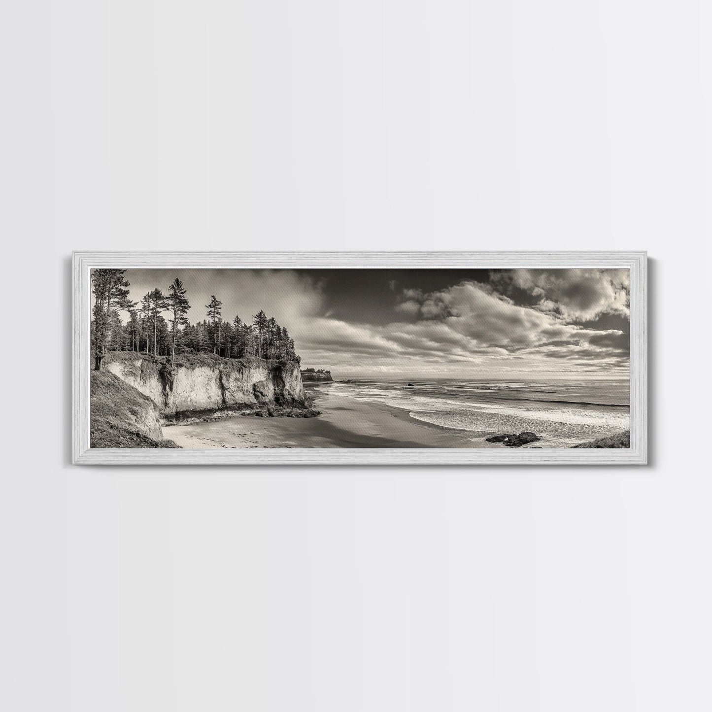 Cliffside Forest, Pacific Coastline, Dramatic Ocean View, Framed Canvas Print, Natural Landscape, Cabin Wall Art, Rustic Coastal Decor