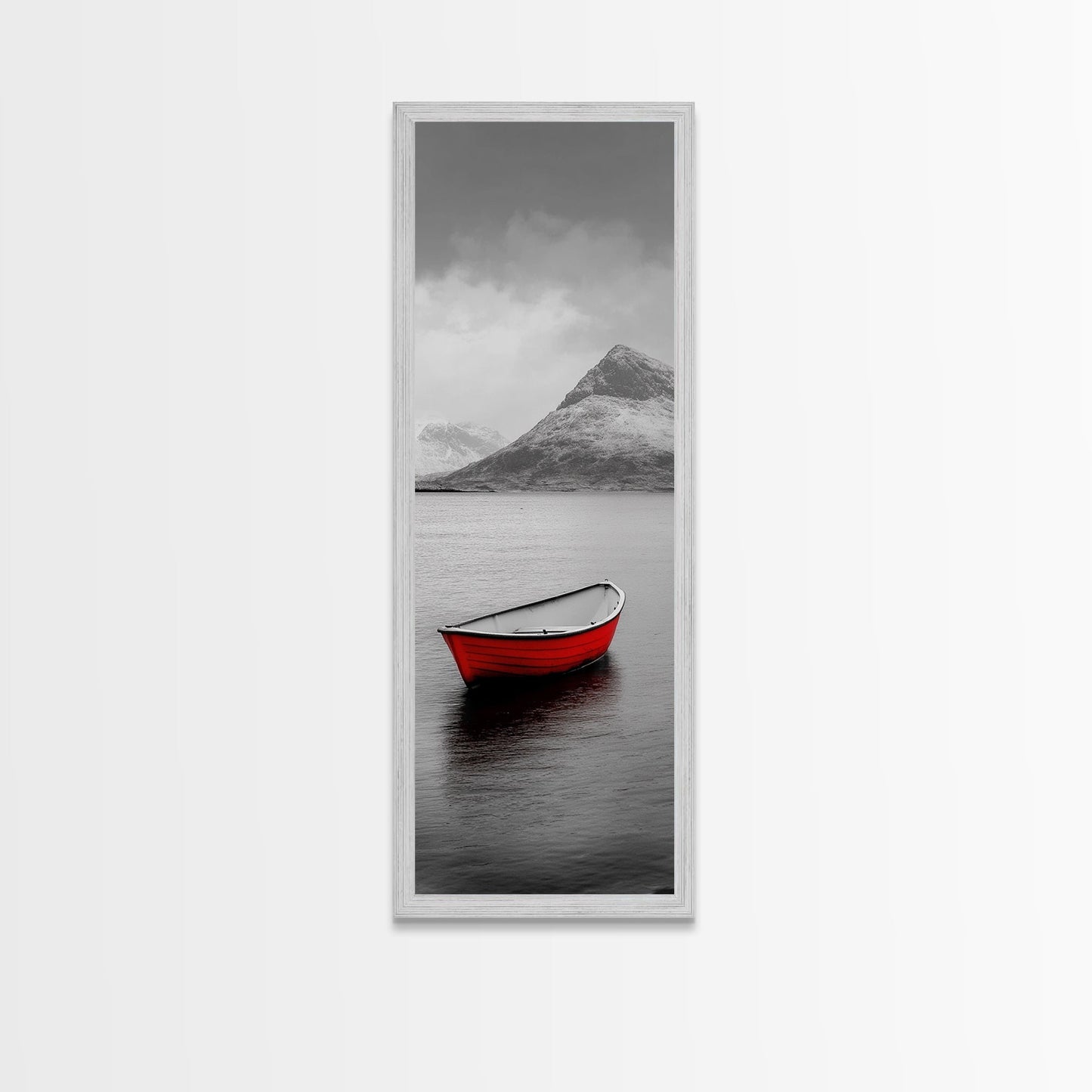 Red Boat, Serene Waters, Mountain Reflection, Winter Landscape – Framed Canvas Print, Minimalist Wall Art, Bedroom Decor, Nature Tranquility
