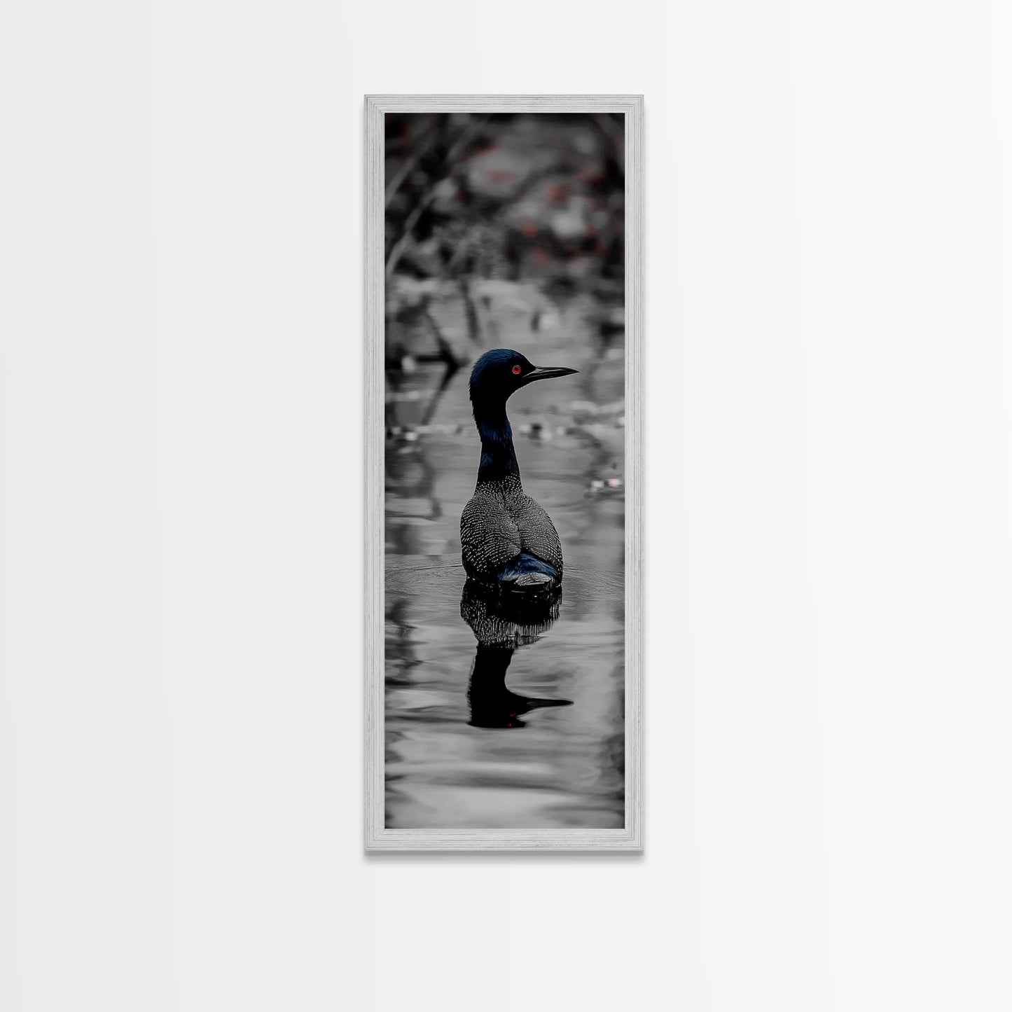 Blue Loon, Water Reflection, Elegant Bird, Lake Life Framed Canvas Print, cabin decor, nature wall art, minimalist bird art, office wall art