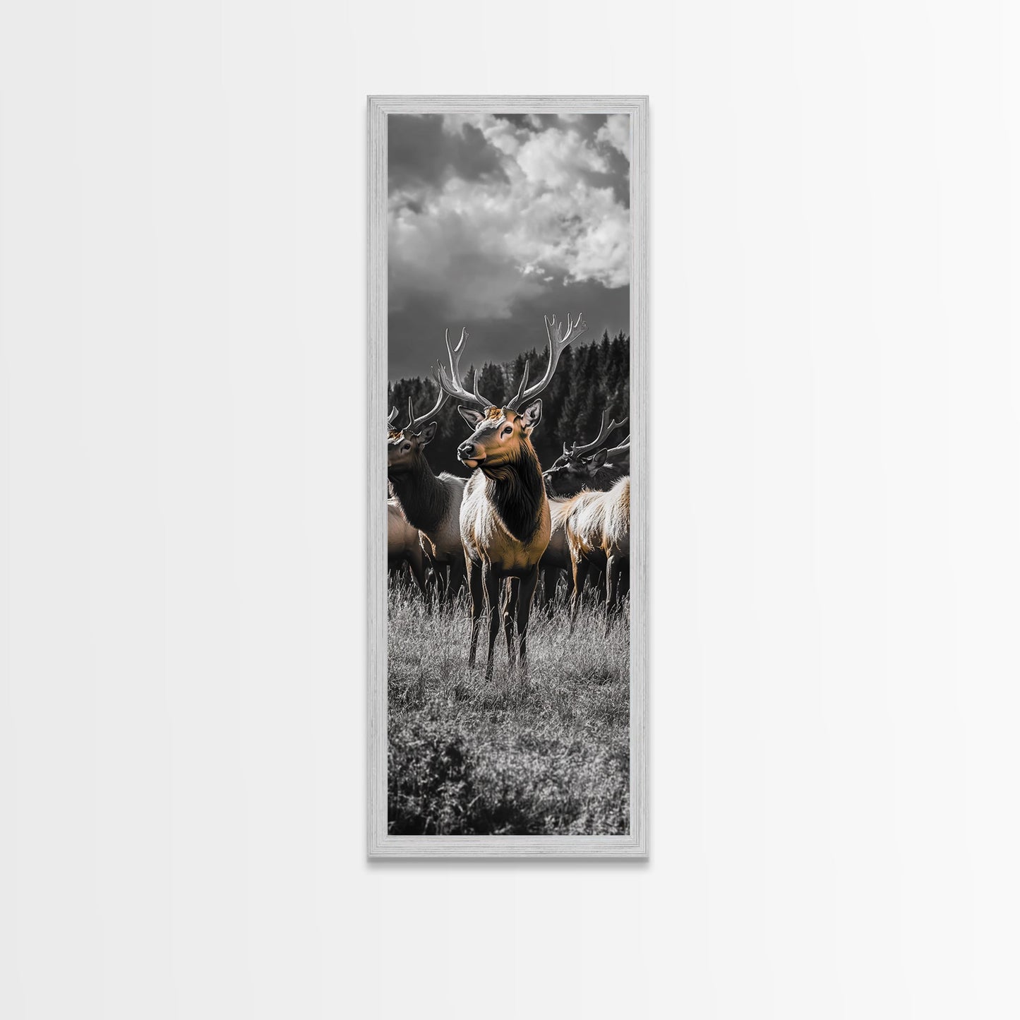Majestic Elk, Forest Wildlife, Autumn Scene, Nature Herd, Framed Canvas Print, rustic lodge decor, cabin wall art, woodland style