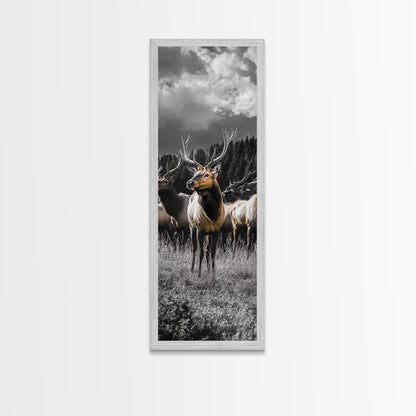Majestic Elk, Forest Wildlife, Autumn Scene, Nature Herd, Framed Canvas Print, rustic lodge decor, cabin wall art, woodland style