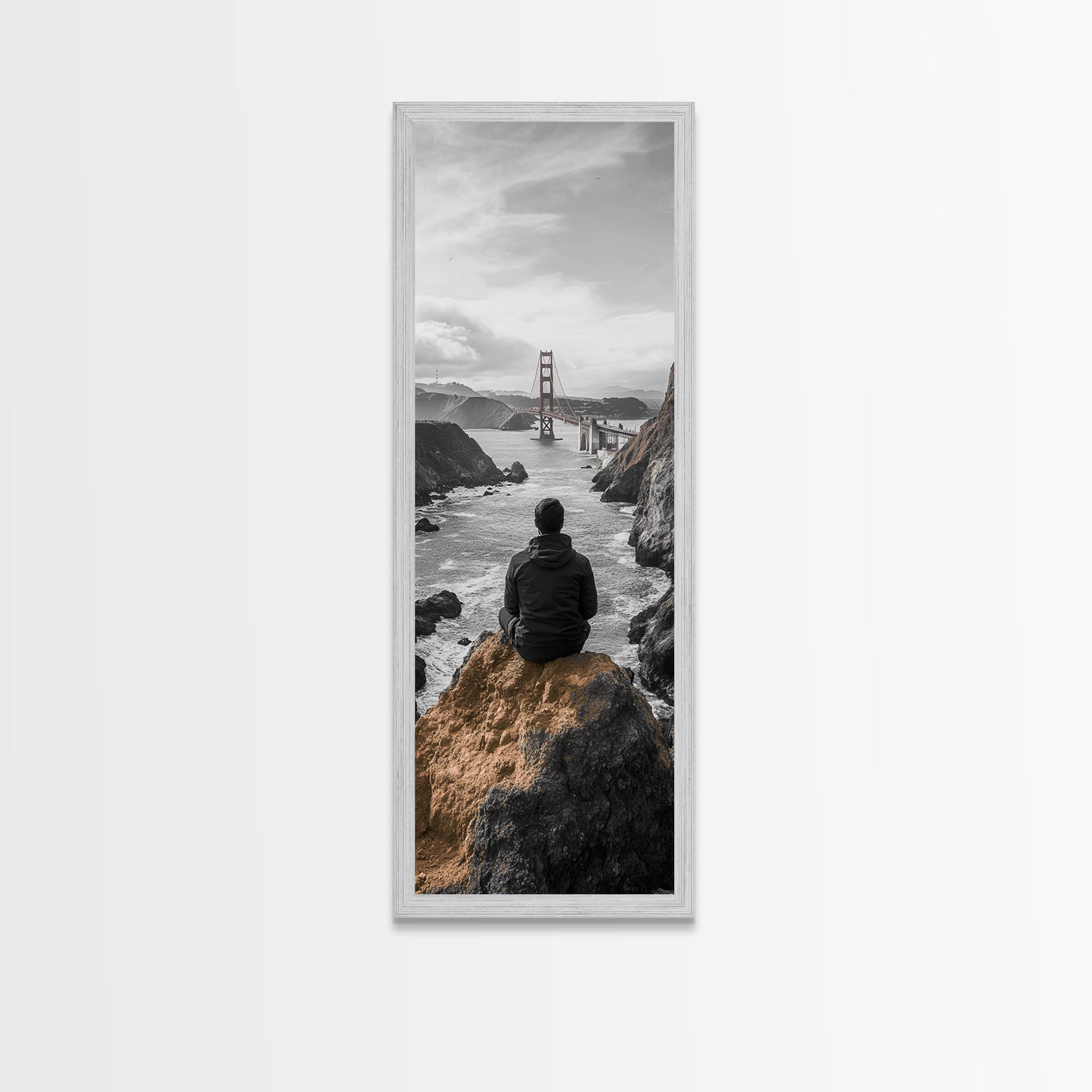 Golden Gate, Solitude View, Man on Cliff, Iconic Bridge, Framed Canvas Print, Travel Wall Art, Office Inspiration, Moody Coastal Decor