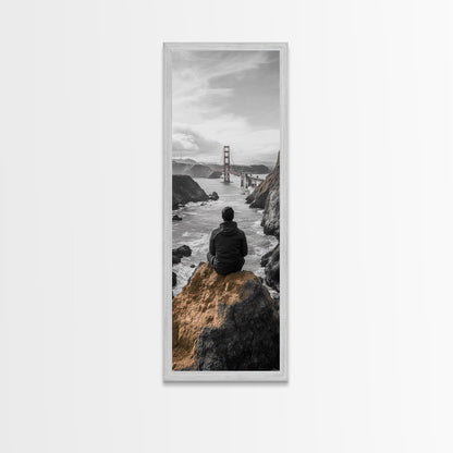 Golden Gate, Solitude View, Man on Cliff, Iconic Bridge, Framed Canvas Print, Travel Wall Art, Office Inspiration, Moody Coastal Decor