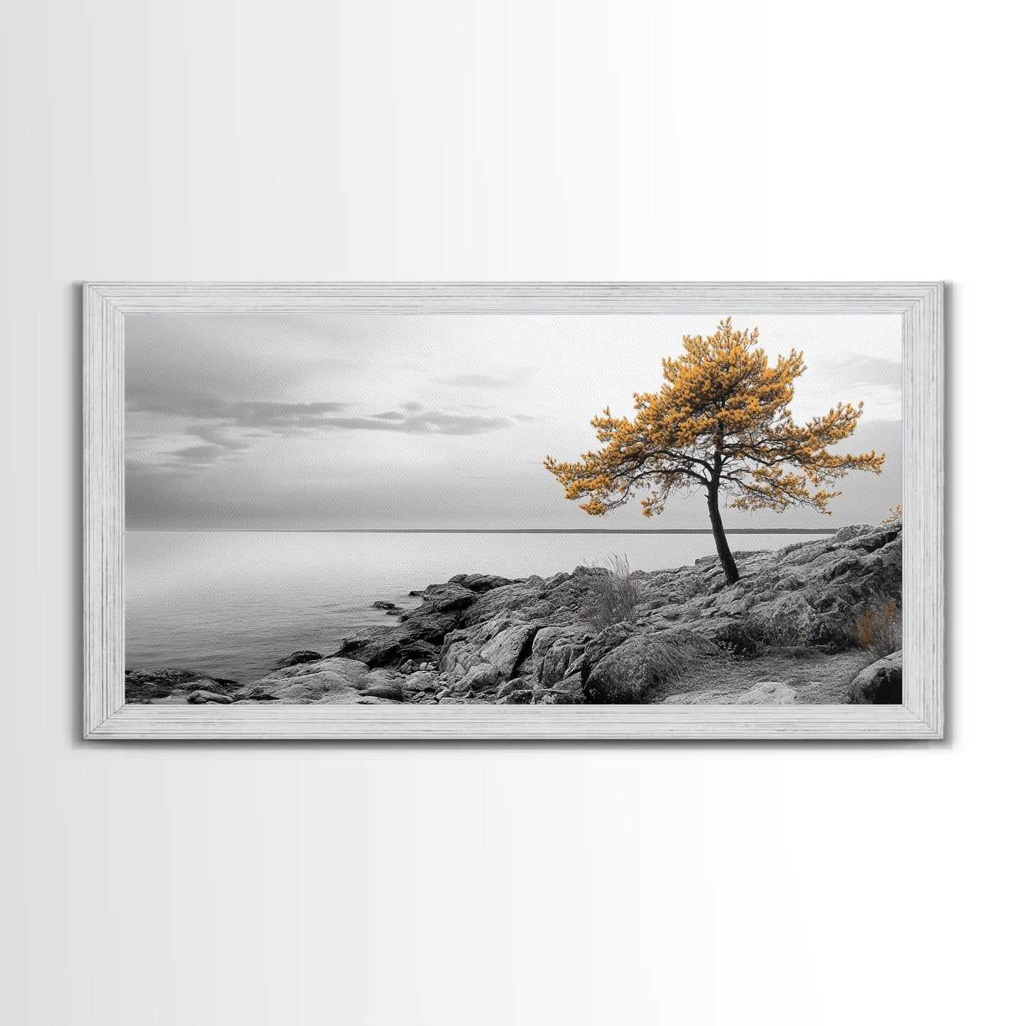 Yellow Tree, Rocky Coast, Minimal Landscape, Ocean Breeze – Canvas Print, Zen Wall Art, Nature Minimalist Decor, Scandinavian Interior