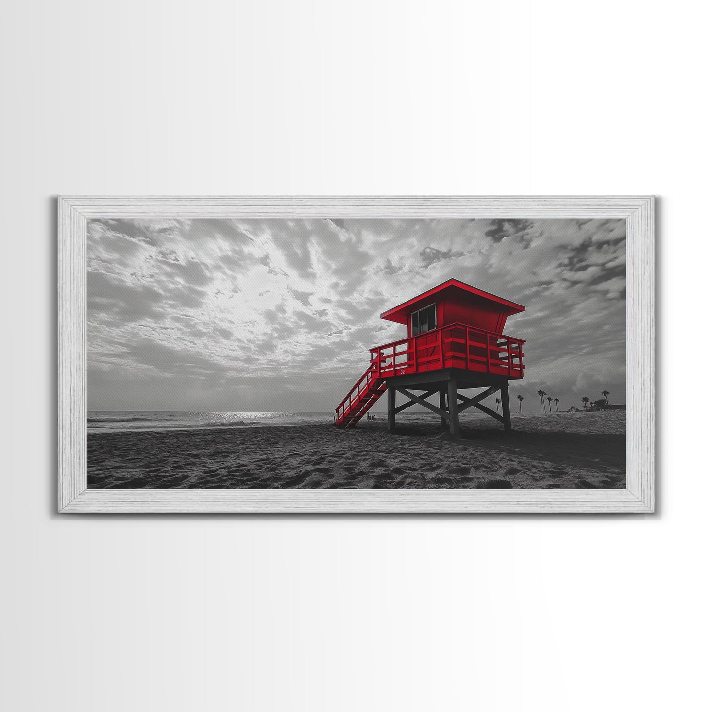 Red Lifeguard Tower, Beachscape, Dramatic Sky, Coastal Life, Framed Canvas Print, Modern Beach Wall Art, Bold Bathroom Decor