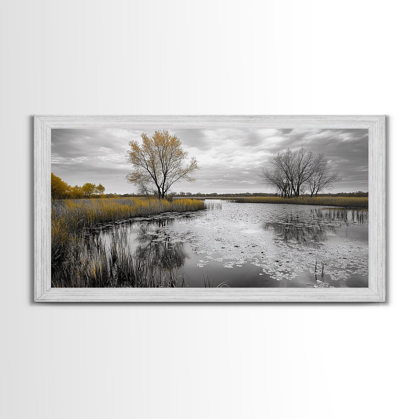 Lily Pond Trees, Serene Reflection, Autumn Landscape, Calm Water Scene, Framed Canvas Print, Nature Wall Art, Fall Living Room Decor