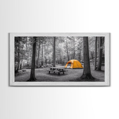 Yellow Tent, Forest Camping, Wilderness Escape, Outdoor Living, Framed Canvas Print, Fall Bedroom Art, Minimalist Nature, Hiking Vibes