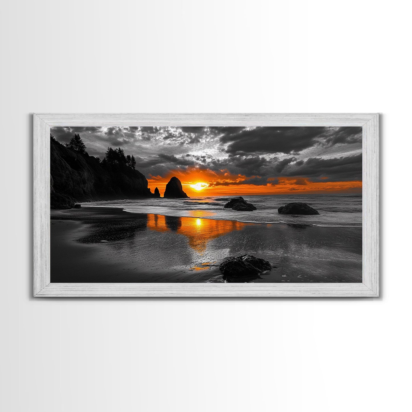 Sunset Beach, Fiery Sky, Ocean Glow, Moody Seascape, Framed Canvas Print coastal living room wall art, dramatic sunset photography