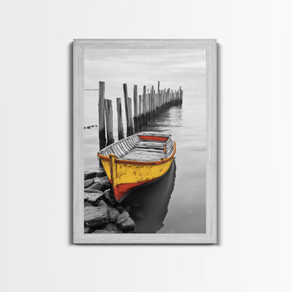 Yellow Rowboat, Coastal Mood, Pier View, Nautical Nostalgia, Framed Canvas Print, Beach House Wall Art, Rustic Seaside Decor