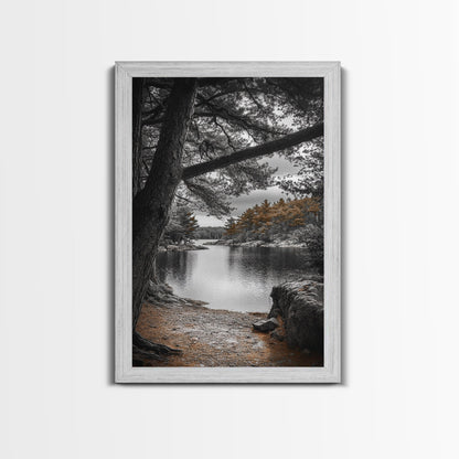 Autumn Forest Lake, Nature Photography, Scenic Landscape, Canvas Print, Rustic Cabin Decor, Neutral Tones, Bedroom Wall Art, Outdoor Art